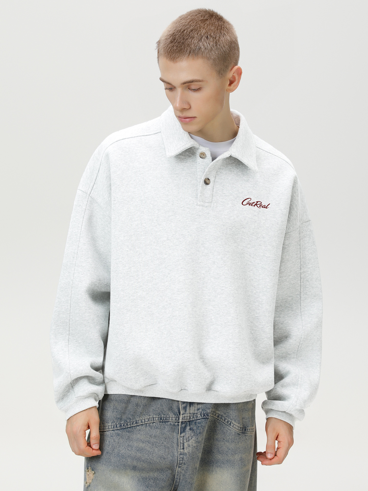 Men’s Heavyweight Polo-Collar Sweatshirt — Letter Graphic, Boxy Cropped Fit, Streetwear Pullover | Fall