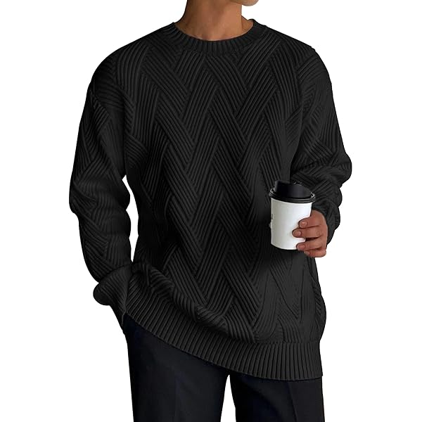 Black Herringbone Knit Crew Neck Long-Sleeve Sweater