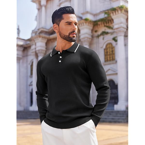 Black Knit Polo Shirt with Contrast Collar (Long-Sleeve)